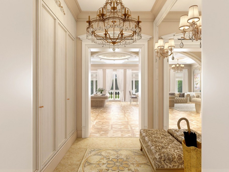 Интерьер коттеджа в классическом стиле светлых тонов