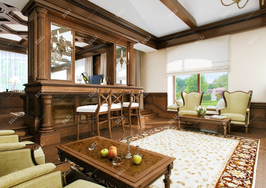 Деревянная колонна в интерьере гостиной