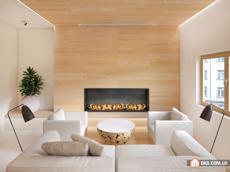Современный камин в интерьере гостиной