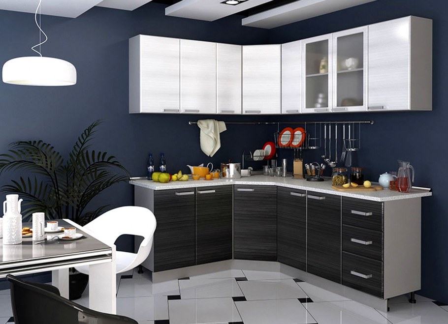 Угловая белая кухня с темной столешницей