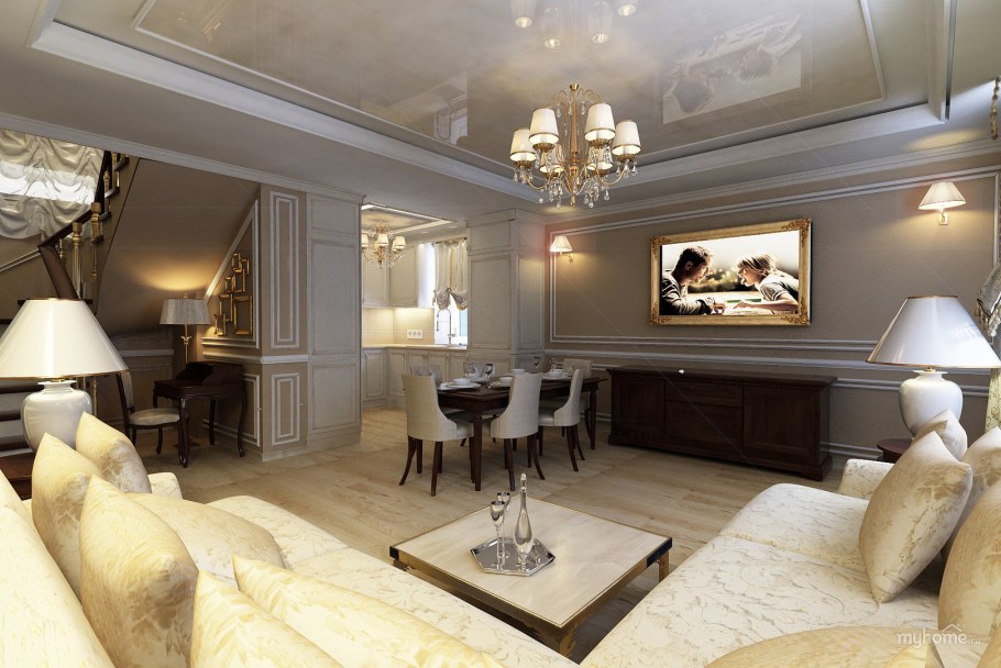 Кухня с гостиной в таунхаусе