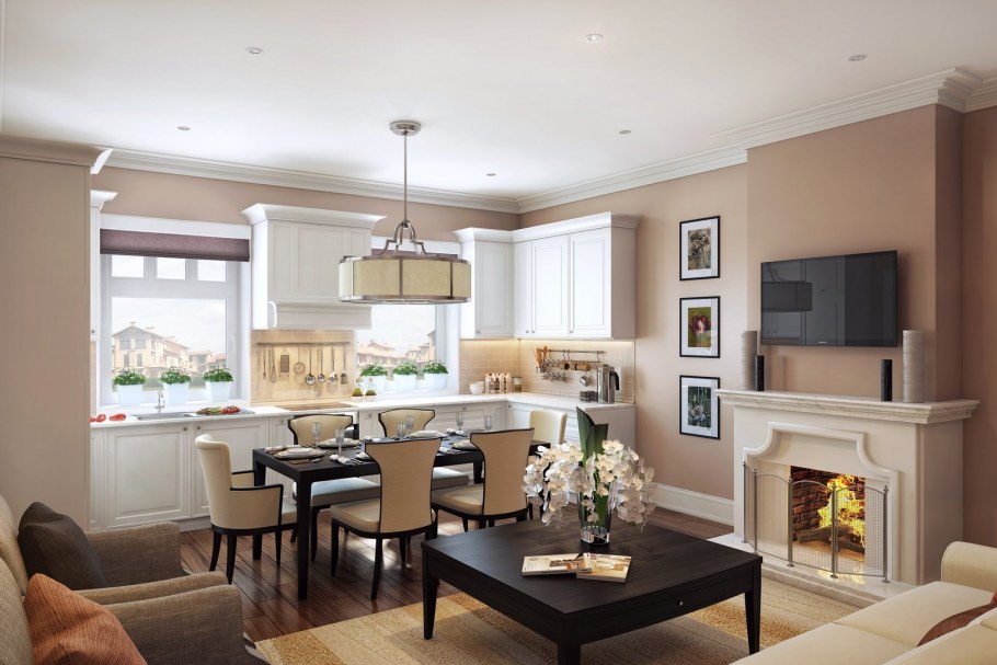 Гостиная столовая с камином