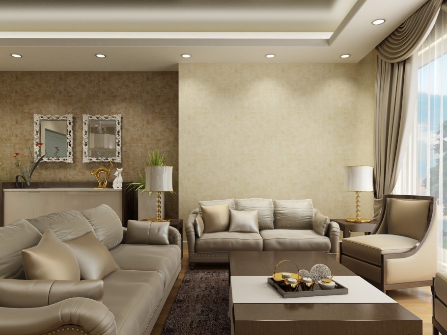Гостиная с бежевой декоративной штукатуркой