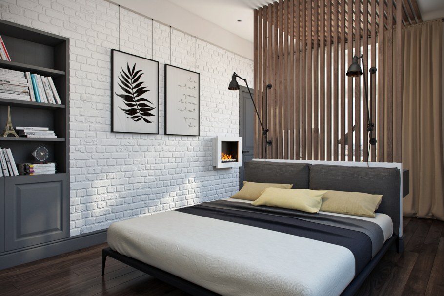 Спальня в стиле лофт белый кирпич