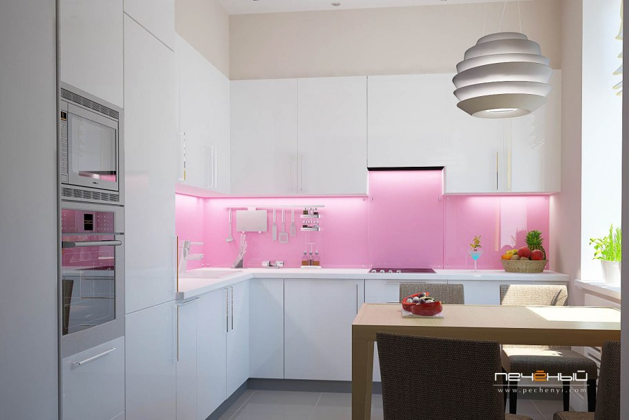 Белая кухня с розовыми акцентами