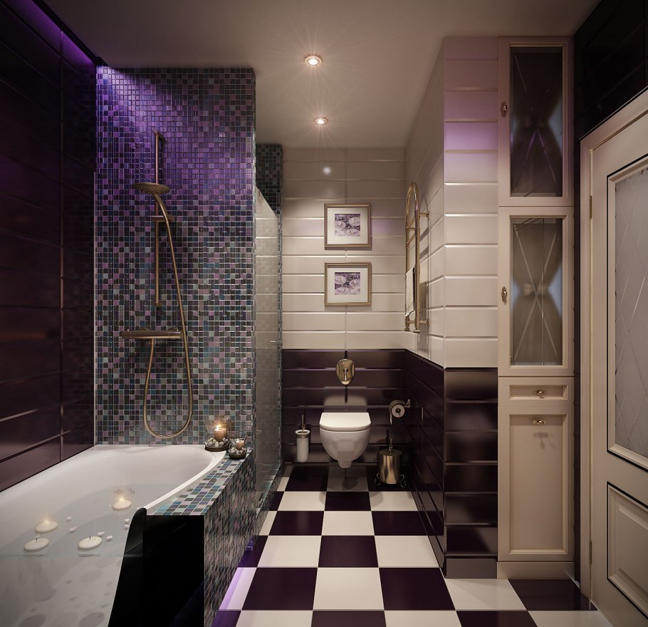 Черная ванная с фиолетовыми