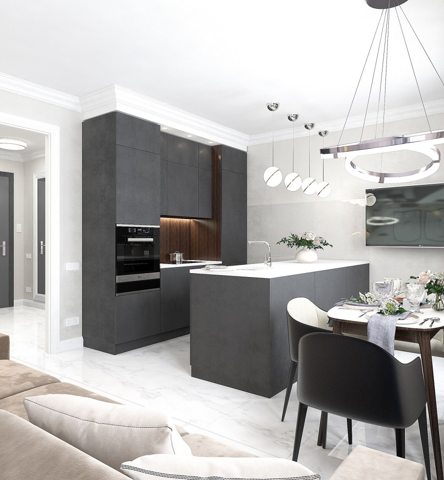 Интерьер гостиной совмещенной с кухней в Мадриде