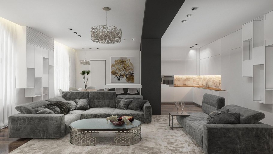 Современная гостиная в холодных цветах