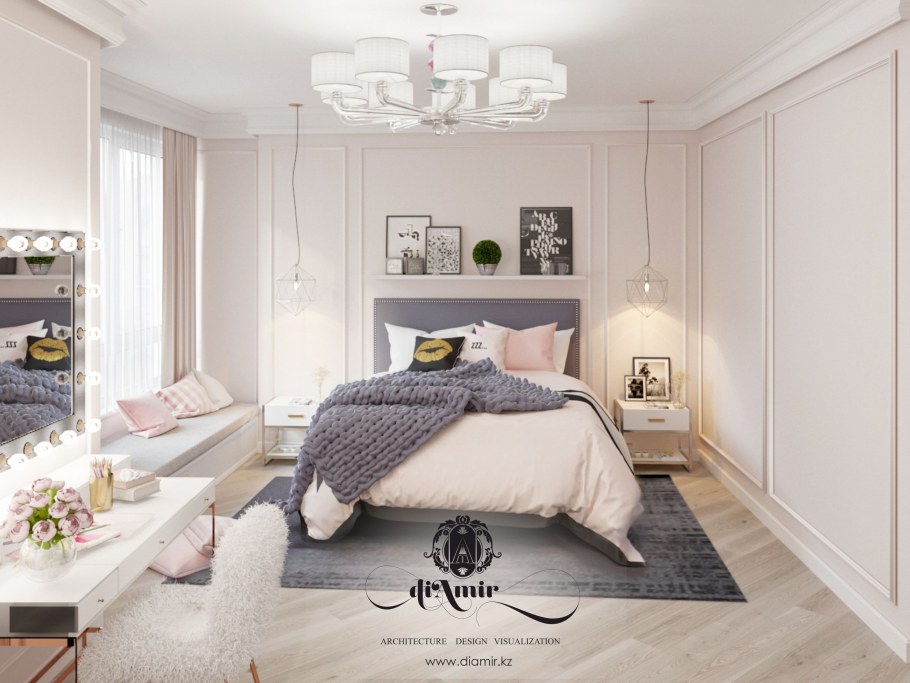 Пудровая кровать в интерьере