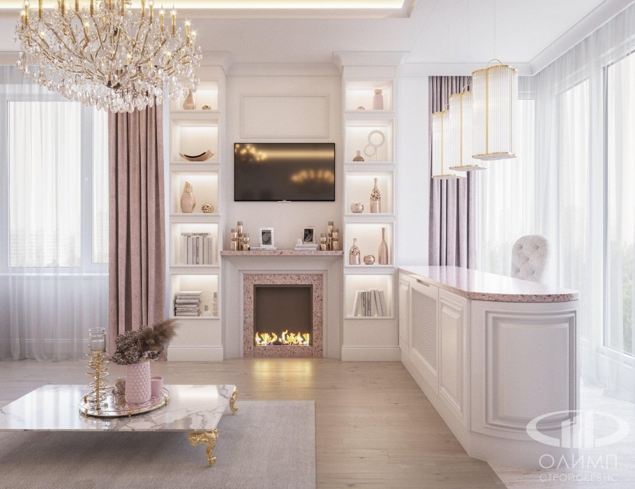 Интерьер гостиной в пудровых тонах