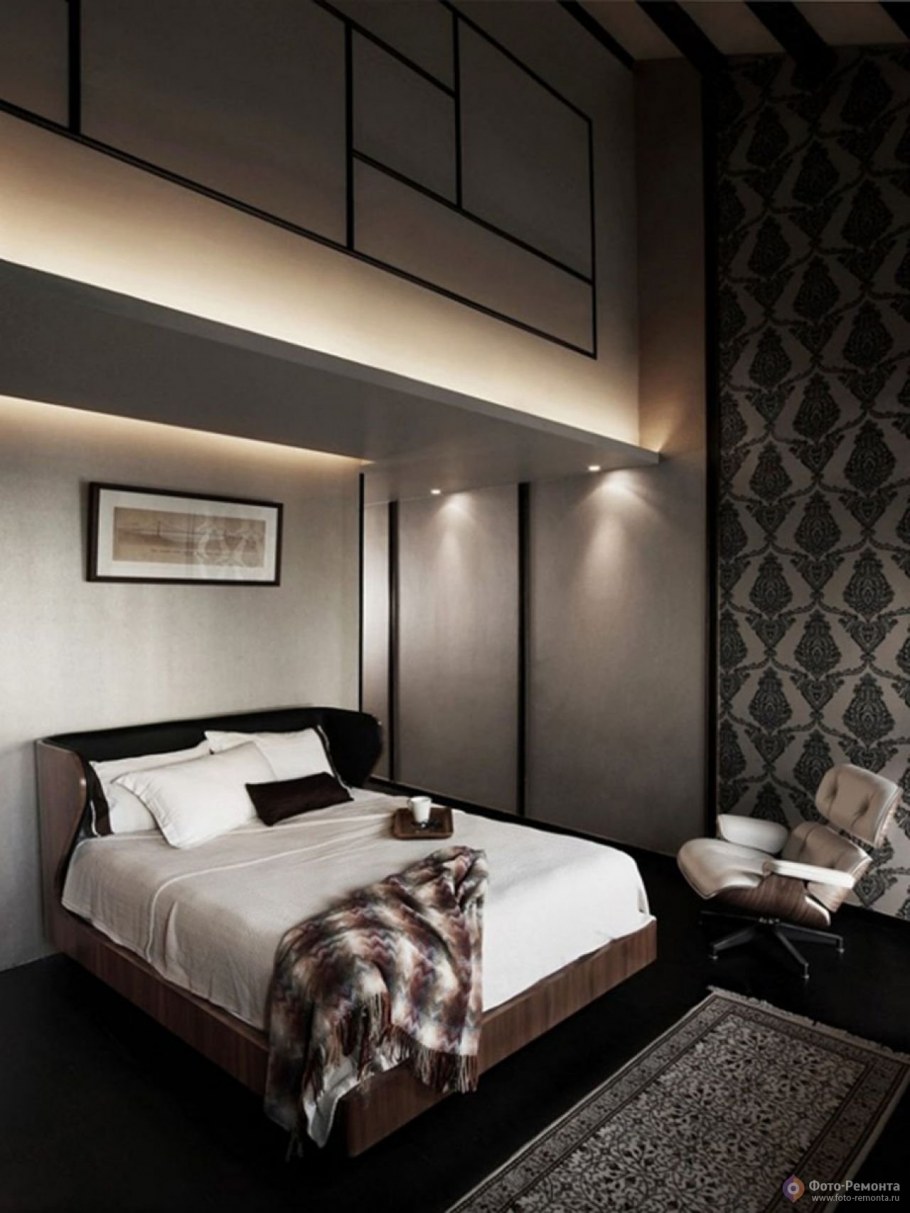 Интерьер спальни с темной мебелью