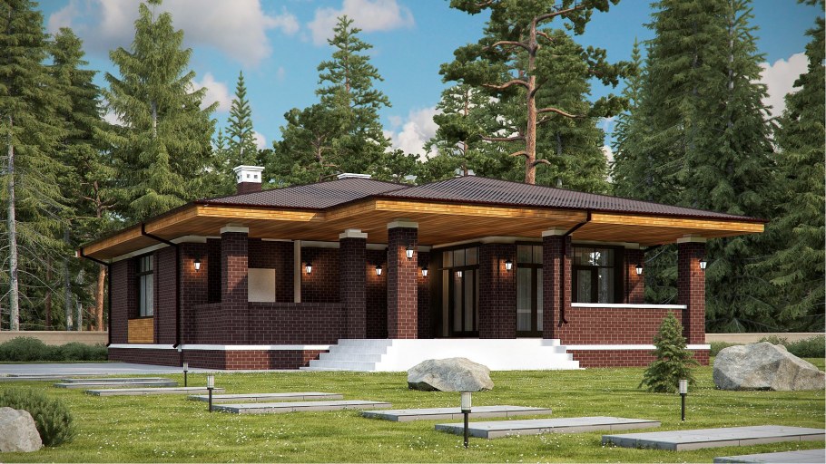 Одноэтажный дом в стиле Райта 150 кв