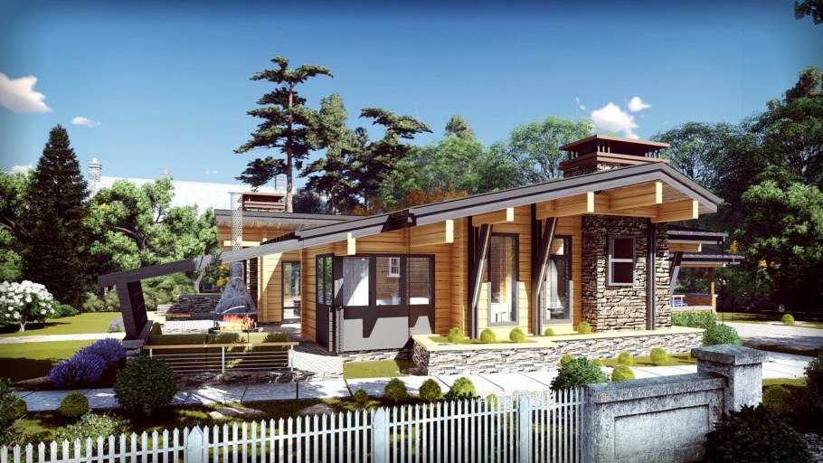 Одноэтажный деревянный дом в стиле Шале