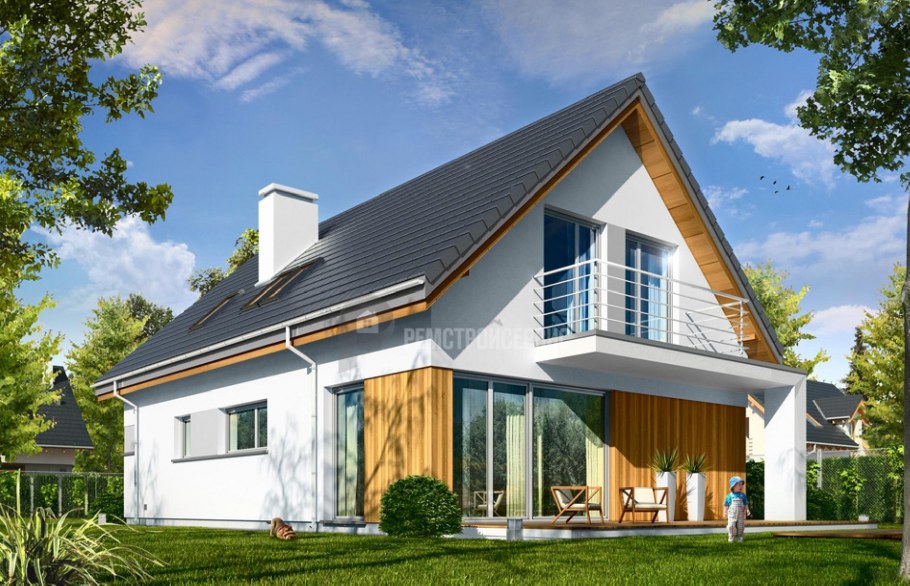 Дом с двускатной крышей и террасой