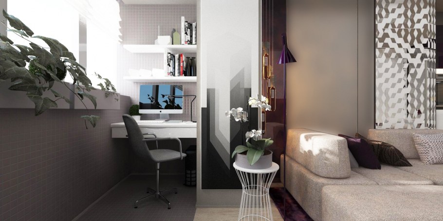 Интерьер студии 30 квадратных метров с балконом