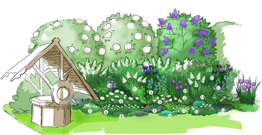 Дети поливают цветы на клумбе