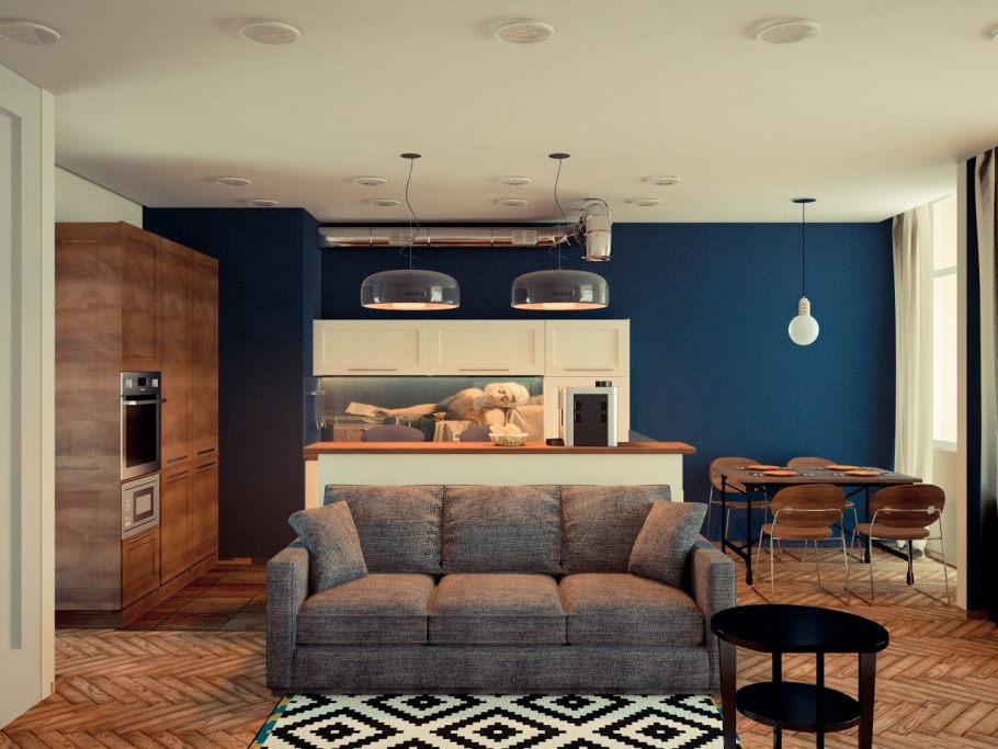 Студия диван посередине комнаты