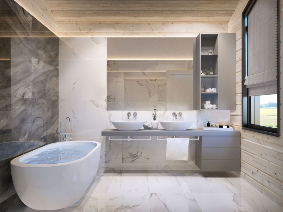 Ванная с окном дерево и мрамор