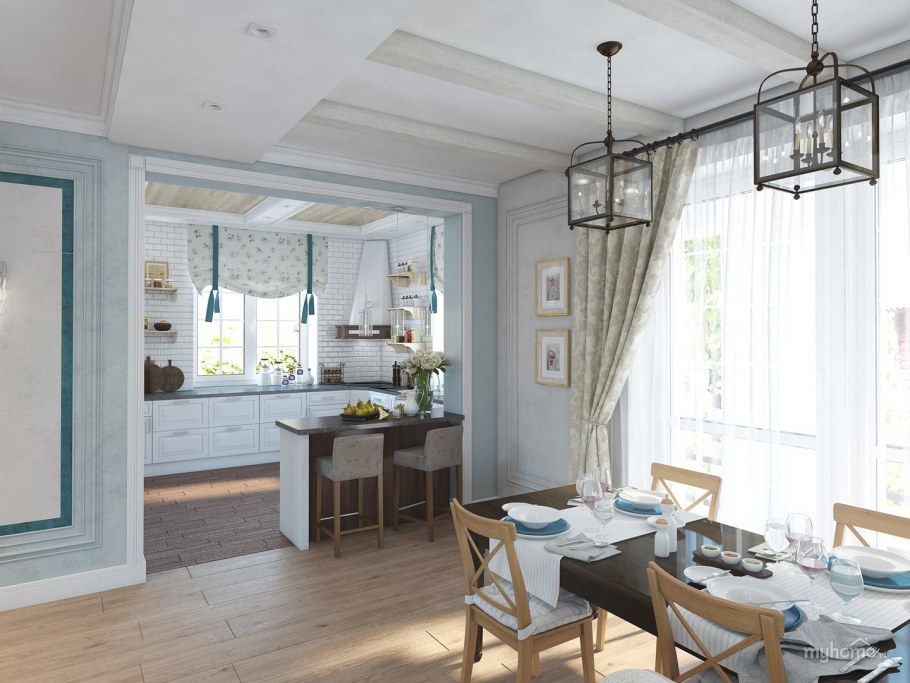 Кухня гостиная в стиле Прованс в загородном доме