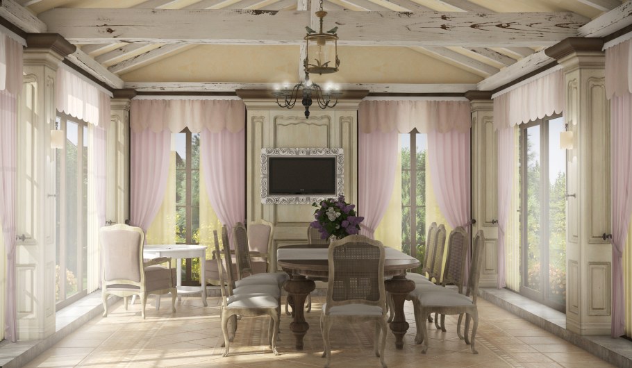 Гостиная столовая в стиле Прованс в загородном доме