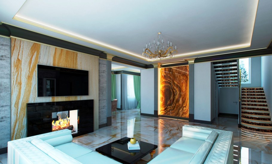 Гостиная с мраморной стеной
