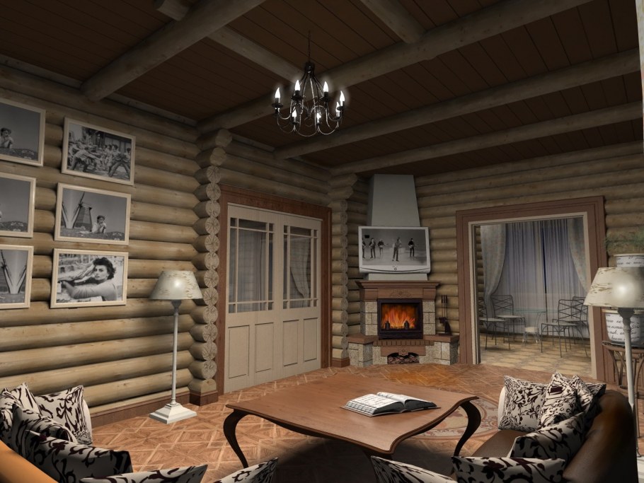 Интерьер дома из оцилиндрованного бревна