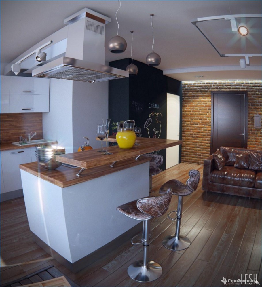 Кухня студия с барной стойкой
