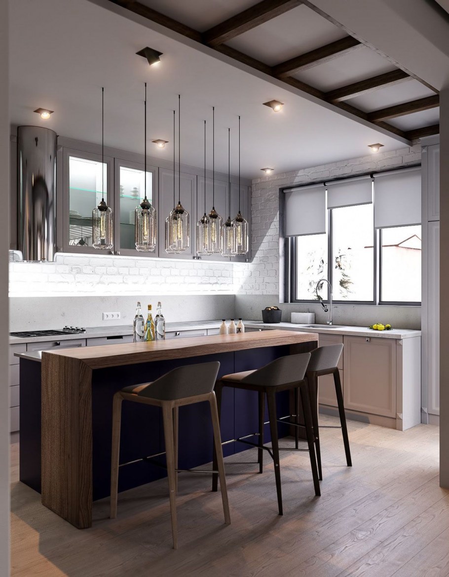 Кухня в стиле лофт с барной стойкой