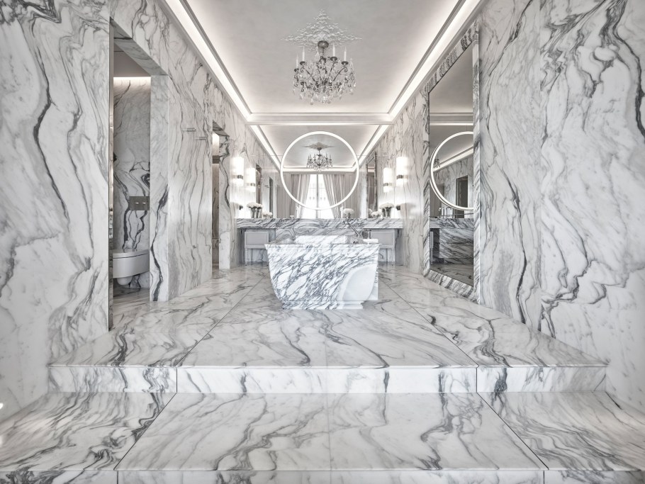 Обои с рисунком мрамора в интерьере