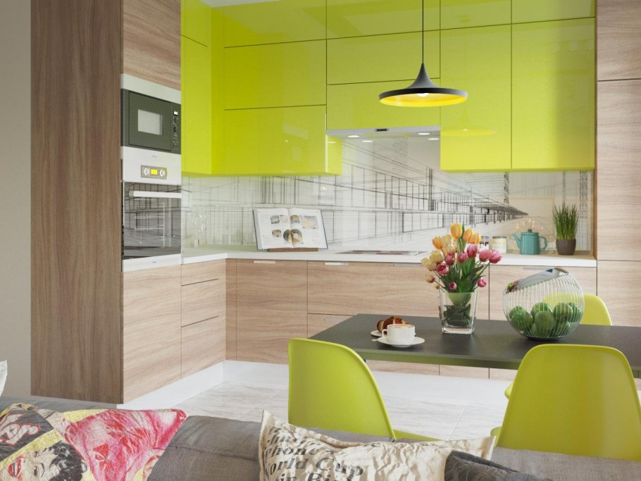 Бежевая кухня и белый стол