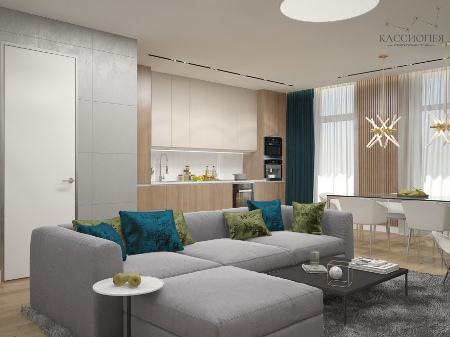 Интерьер гостиной в бежевых тонах с яркими акцентами