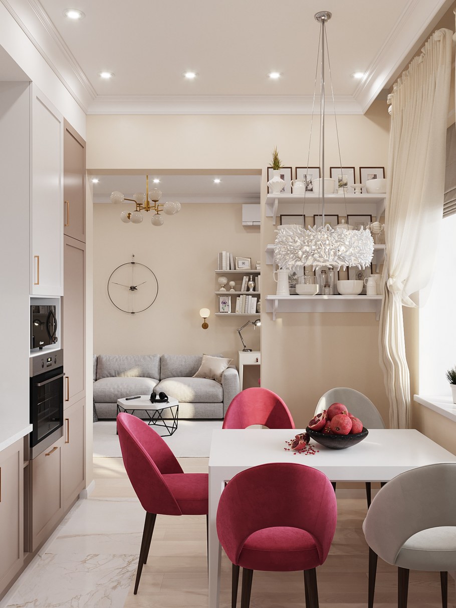 Белая кухня с красными акцентами