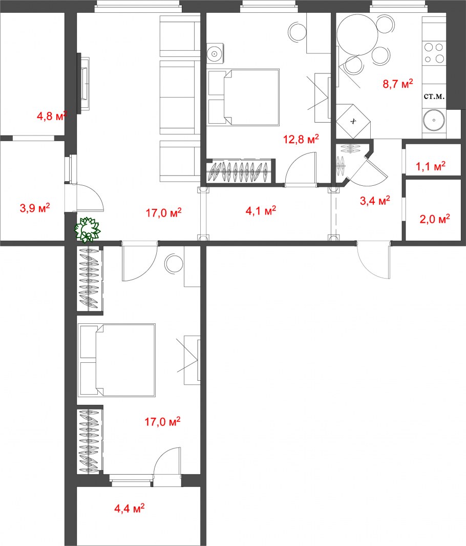 Стандартные планировки трехкомнатных квартир