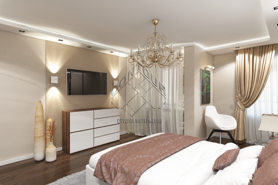 Спальня в бежевых тонах с яркими акцентами