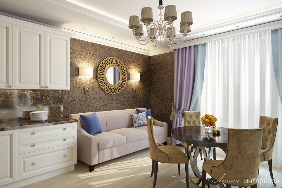 Неоклассика кухня гостиная 20 м
