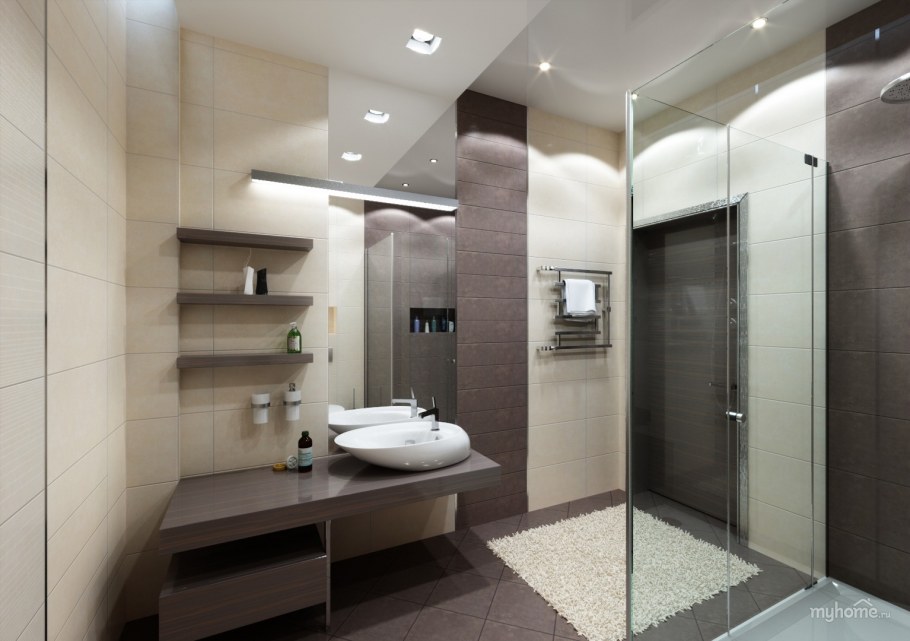 Бежевая ванная с душевой кабиной