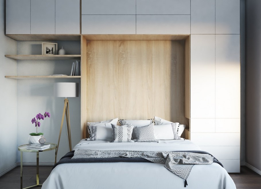 Спальня со шкафом в изголовье