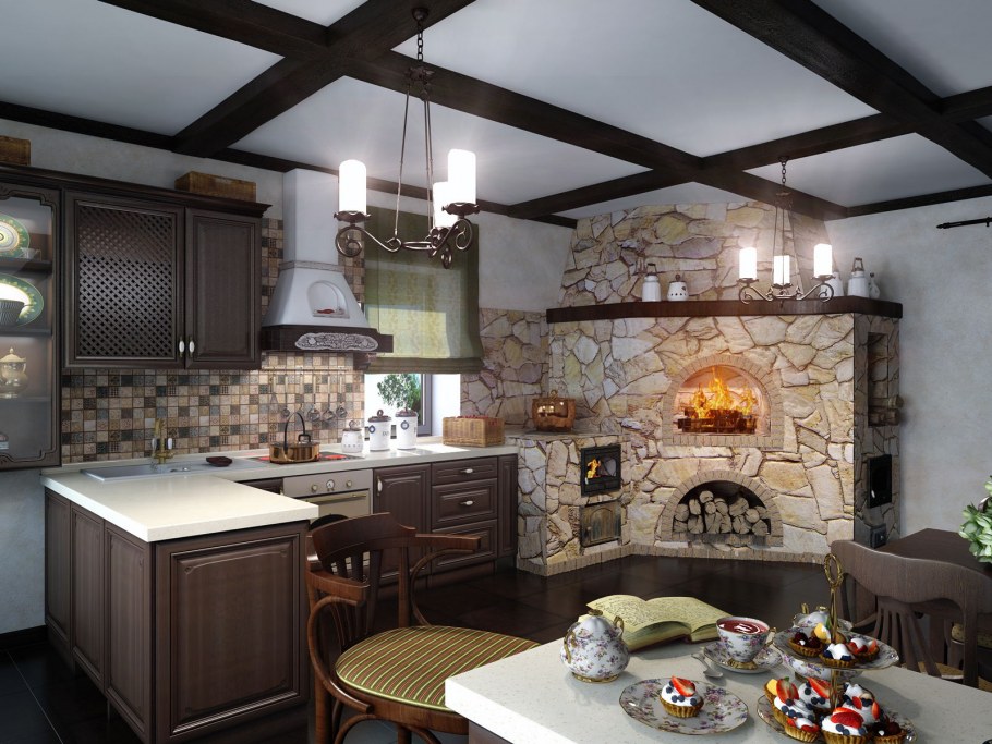 Кухня с печкой в частном доме