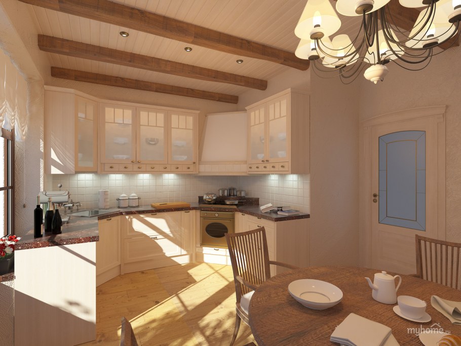 Бежевая кухня в загородном доме