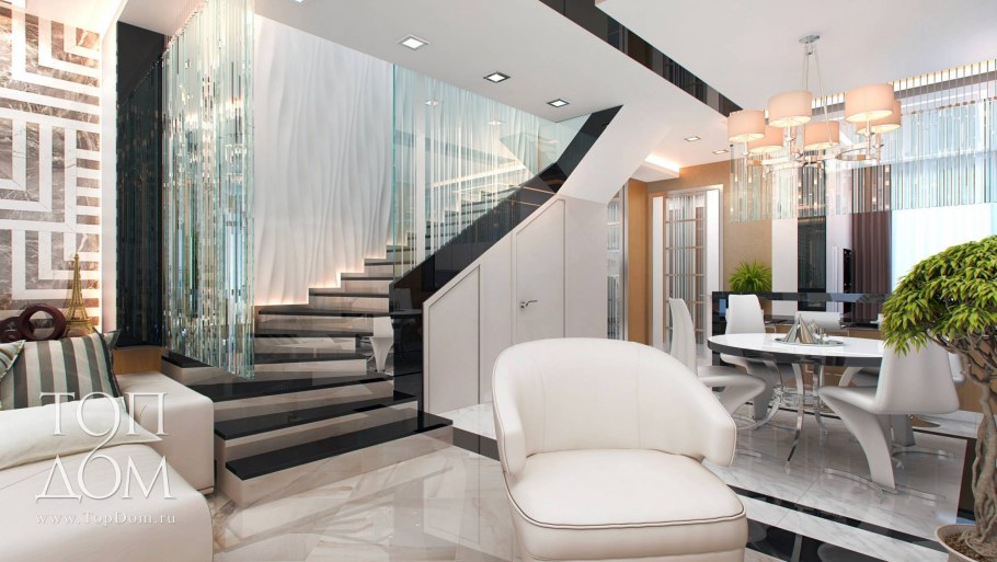 Гостиная в Даунхаусе с лестницей