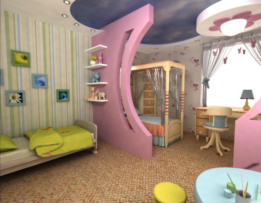 Зонирование детской комнаты для двух дев