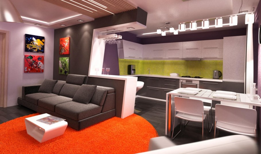 Интерьер кухни совмещенной с гостиной