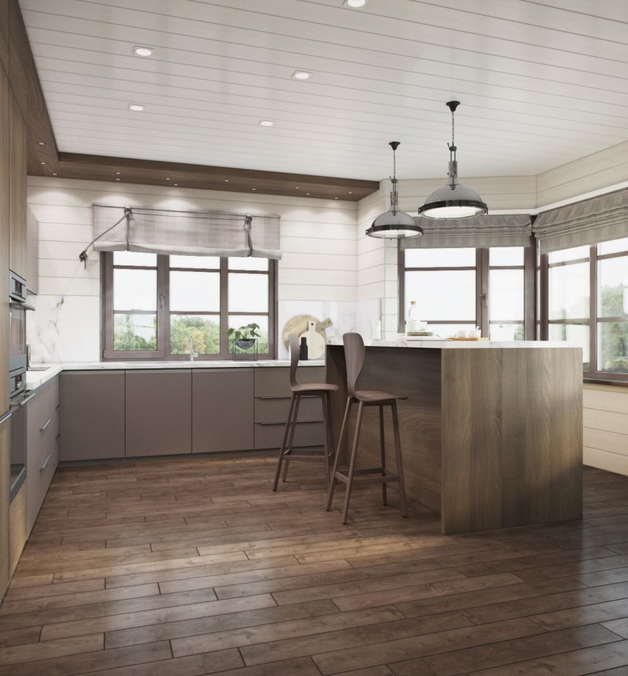 Серая кухня в доме из бруса