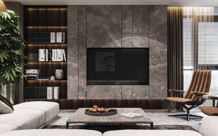 Стена из мрамора в гостиной