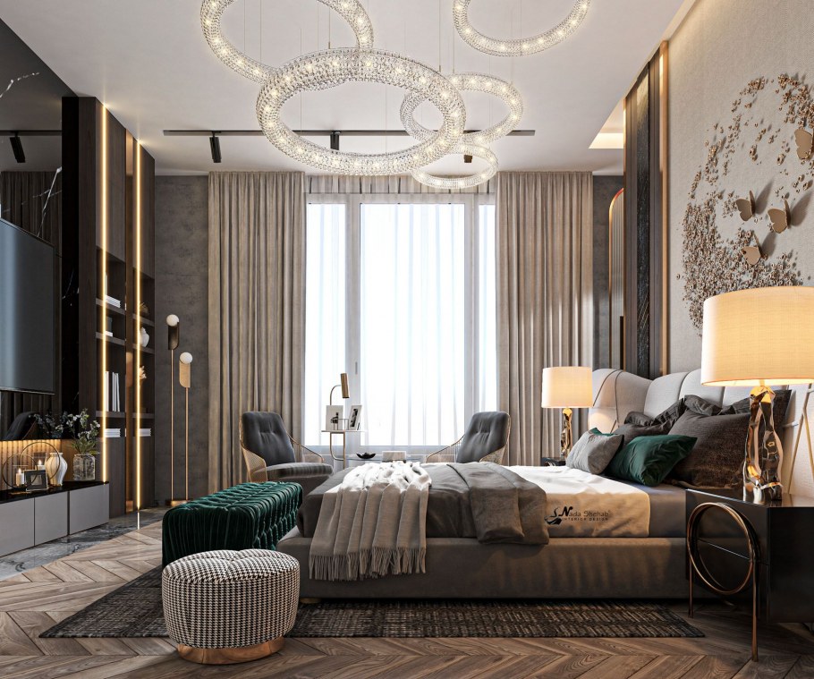 Дизайн шикарной спальни 16 кв м с французским окном