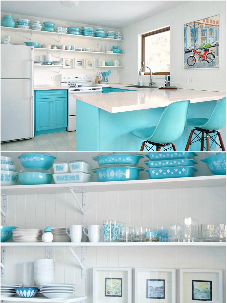 Бирюзовая посуда в интерьере кухни