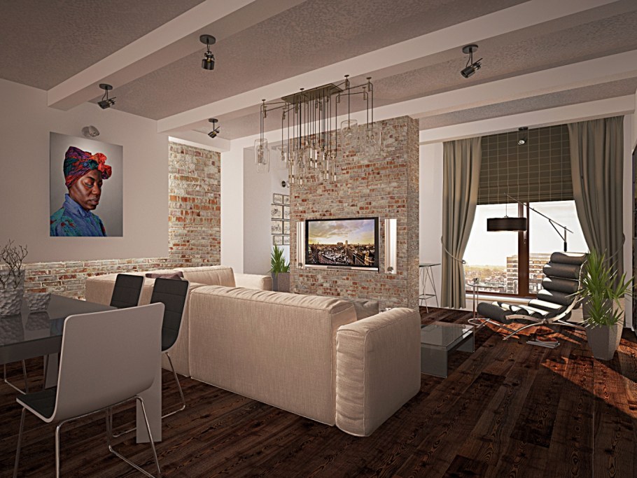 Кухня гостиная с кирпичом