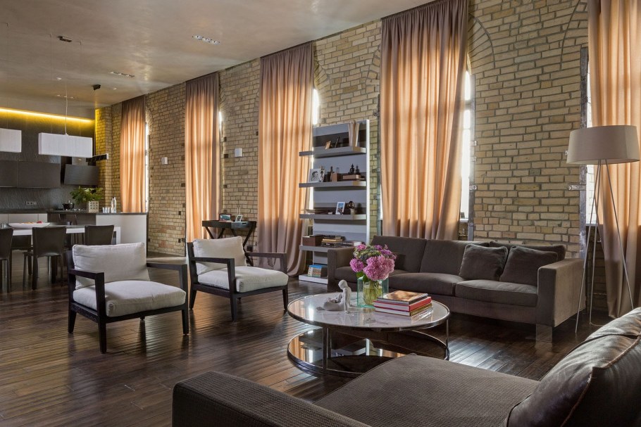 Шторы лофт в интерьере гостиной