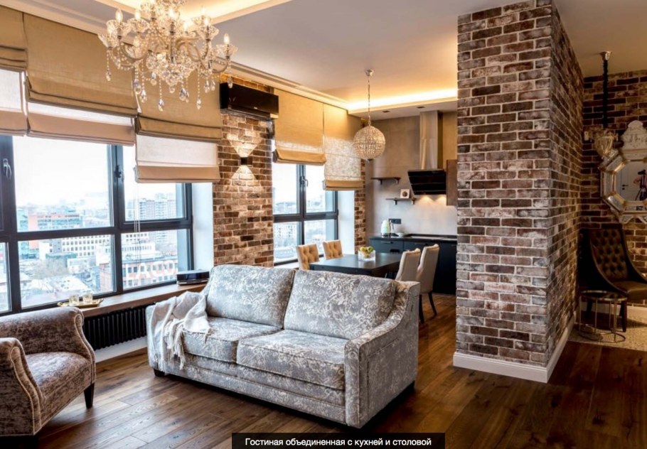 Гостиная с кухней лофт с кирпичной