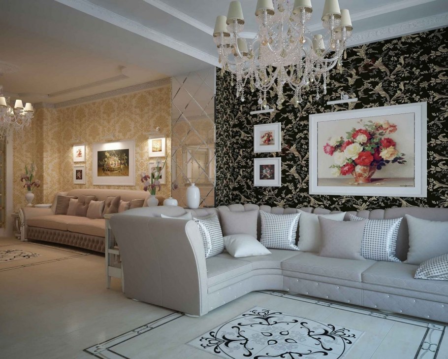 Обои с орнаментом в интерьере гостиной